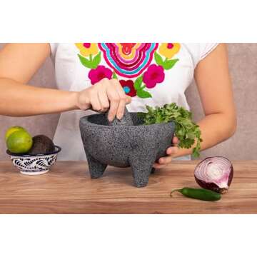 Molcajete 6 in Mexican, Handmade with Natural Volcanic Stone, Artisanal Kitchen Utensil for Grinding with Pores for Crushing, Specially Designed for Grinding Spices, Sauces, and Guacamole