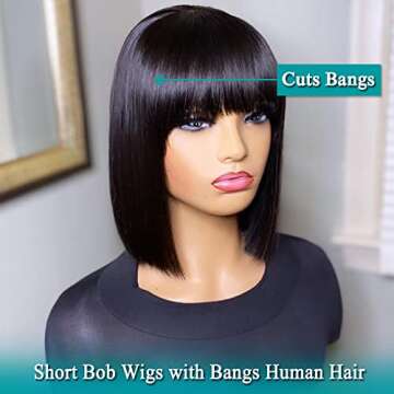 Short Bob Human Hair Wigs with Bangs, Brazilian Straight None Lace Front Wigs Human Hair 130% Density Glueless Machine Made Wigs For Women Natural Color (14 Inch)