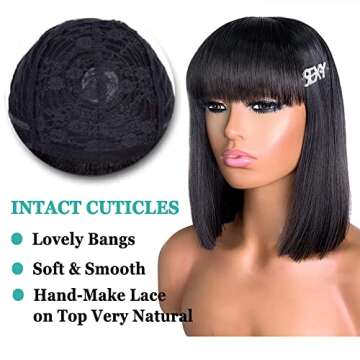 Short Bob Human Hair Wigs with Bangs, Brazilian Straight None Lace Front Wigs Human Hair 130% Density Glueless Machine Made Wigs For Women Natural Color (14 Inch)