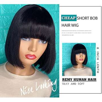 Short Bob Human Hair Wigs with Bangs, Brazilian Straight None Lace Front Wigs Human Hair 130% Density Glueless Machine Made Wigs For Women Natural Color (14 Inch)
