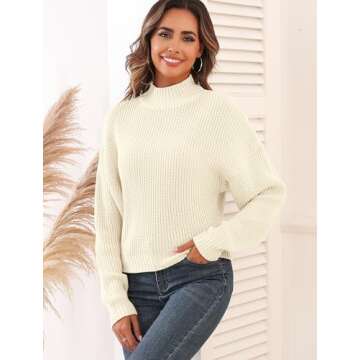 ZAFUL Women's Cropped Turtleneck Sweater Lantern Sleeve Ribbed Knit Pullover Sweater Jumper (0-White...