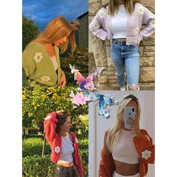 Womens Floral Cardigan Sweaters Long Sleeve Open Front Y2K Cropped Knit Cardigan 90s Aesthetic Shrug Back to College Outfits Blue