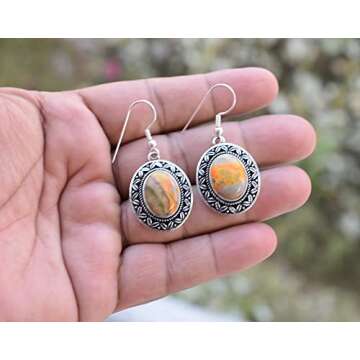 Avika Jewelry Bumble bee Jasper Earrings- 925 Sterling Silver Plated Earring- Handmade Earrings- Daily Wear Earrings-Oval Shape Gemstone Earring NO- E6F