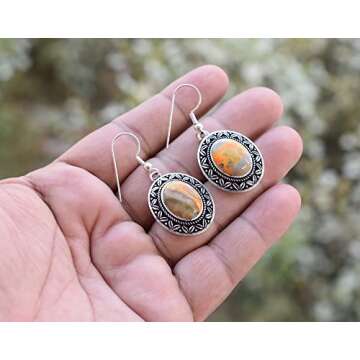 Avika Jewelry Bumble bee Jasper Earrings- 925 Sterling Silver Plated Earring- Handmade Earrings- Daily Wear Earrings-Oval Shape Gemstone Earring NO- E6F