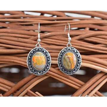Avika Jewelry Bumble bee Jasper Earrings- 925 Sterling Silver Plated Earring- Handmade Earrings- Daily Wear Earrings-Oval Shape Gemstone Earring NO- E6F