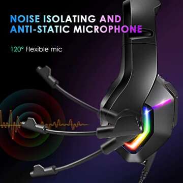 INHANDA Gaming Headset with Microphone, Compatible with PS4 PS5 Xbox One PC Laptop, Over-Ear Headphones with LED RGB Light, Noise Canceling Mic, 7.1 Stereo Surround Sound