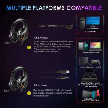 INHANDA Gaming Headset with Microphone, Compatible with PS4 PS5 Xbox One PC Laptop, Over-Ear Headphones with LED RGB Light, Noise Canceling Mic, 7.1 Stereo Surround Sound