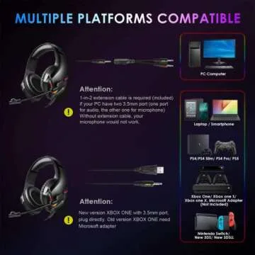 INHANDA Gaming Headset with Microphone, Compatible with PS4 PS5 Xbox One PC Laptop, Over-Ear Headphones with LED RGB Light, Noise Canceling Mic, 7.1 Stereo Surround Sound