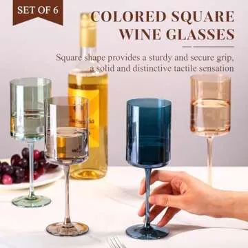 Colored Square Wine Glasses Set of 6, 【Hand Blown】 14oz Colorful Crystal Wine Glasses with Stem-...