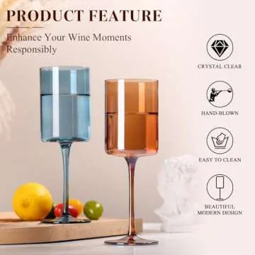 Colored Square Wine Glasses Set of 6, 【Hand Blown】 14oz Colorful Crystal Wine Glasses with Stem- Unique Holiday Wine Glasses Gifts for Women Christmas Wedding