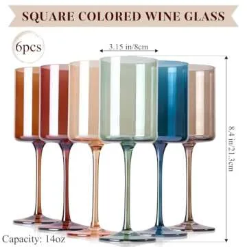 Colored Square Wine Glasses Set of 6, 【Hand Blown】 14oz Colorful Crystal Wine Glasses with Stem- Unique Holiday Wine Glasses Gifts for Women Christmas Wedding