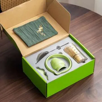 7Pcs Japanese Matcha Tea Set, Matcha Kit with Matcha Bowl (with Pouring Spout), Matcha Whisk, Whisk Holder, Strainer - Elegant Matcha Set for Gifting and Personal Use, Gift Box Packaging