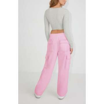 Waitfairy Womens Cargo Sweatpants Casual Baggy High Waisted Joggers Pants Fleece Sweat Pants with Pocket Pink L