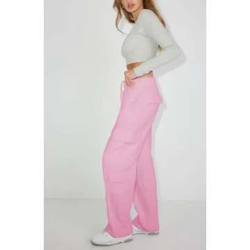 Waitfairy Womens Cargo Sweatpants Casual Baggy High Waisted Joggers Pants Fleece Sweat Pants with Pocket Pink L