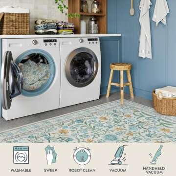 Lahome Light Blue Bedroom Rug 8x10 Under Bed, Boho Washable Rugs for Living Room Nursery, Soft Wool Vintage Low Pile Carpet for Dining Room Girls