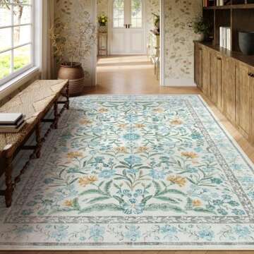 Lahome Light Blue Bedroom Rug 8x10 Under Bed, Boho Washable Rugs for Living Room Nursery, Soft Wool Vintage Low Pile Carpet for Dining Room Girls