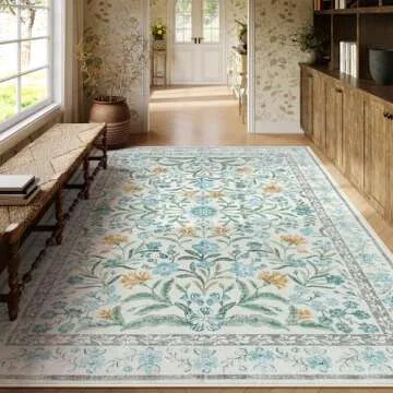 Lahome Light Blue Bedroom Rug 8x10 Under Bed, Boho Washable Rugs for Living Room Nursery, Soft Wool Vintage Low Pile Carpet for Dining Room Girls