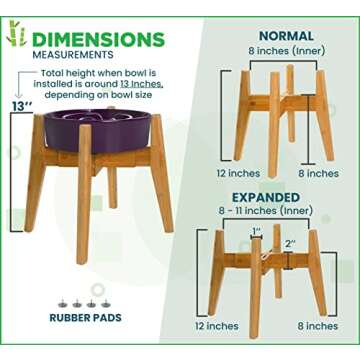 Dog Bowl Stand (12-inch high) - Ideal for Medium to Large Breeds - Adjustable Width, Slanted Feet, Elevates Food Bowls and Slow Feeders - Raises Water Fountains and Dispensers - Bamboo Stand Only