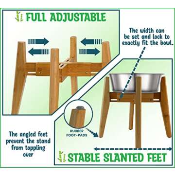 Dog Bowl Stand (12-inch high) - Ideal for Medium to Large Breeds - Adjustable Width, Slanted Feet, Elevates Food Bowls and Slow Feeders - Raises Water Fountains and Dispensers - Bamboo Stand Only