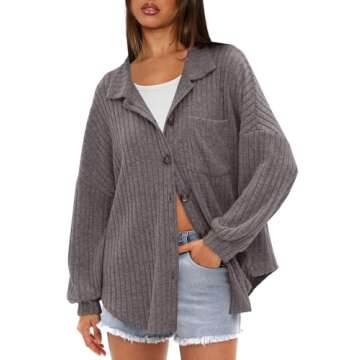 Darong Women's Loose Fit Batwing Sleeve Ribbed Knit Button Down Shirt Shacket Boyfriend Shirt Jackets Tops