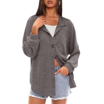 Darong Women's Loose Fit Batwing Sleeve Ribbed Knit Button Down Shirt Shacket Boyfriend Shirt Jackets Tops