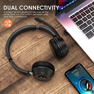 Bluetooth Headset V5.1, Wireless Headset with Noise Canceling Microphone, 40 Hrs Work Time Office Headset with Bluetooth Dongle & Charging Base, AptX HD On-Ear Headphones with Mute Button (Black)