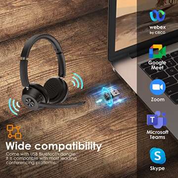 Bluetooth Headset V5.1, Wireless Headset with Noise Canceling Microphone, 40 Hrs Work Time Office Headset with Bluetooth Dongle & Charging Base, AptX HD On-Ear Headphones with Mute Button (Black)