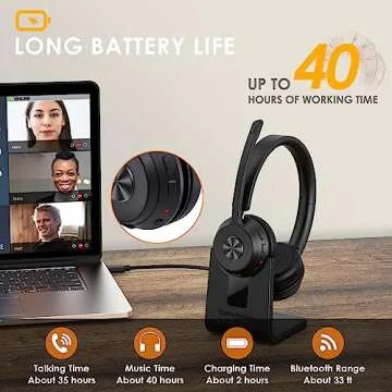 Bluetooth Headset V5.1, Wireless Headset with Noise Canceling Microphone, 40 Hrs Work Time Office Headset with Bluetooth Dongle & Charging Base, AptX HD On-Ear Headphones with Mute Button (Black)