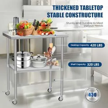 Chingoo Stainless Steel Table with Wheels 24 x 30 Inches Metal Prep Table with Backsplash & Adjustab...