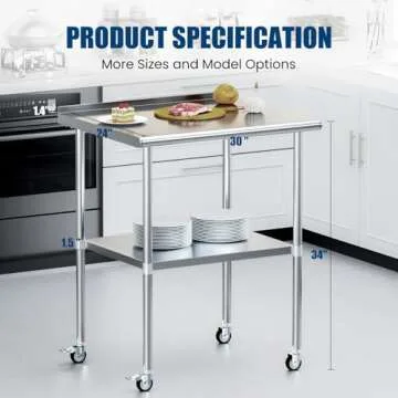 Chingoo Stainless Steel Table with Wheels 24 x 30 Inches Metal Prep Table with Backsplash & Adjustable Undershelf, Stainless Table for Commercial Kitchen, Outdoor, Restaurant, Hotel & Garage