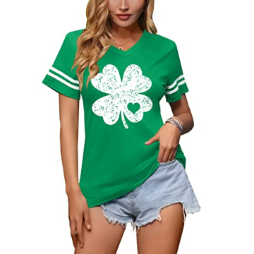 St. Patrick's Day Women's Short Sleeve Cotton V Neck Top - Fun Clover Tee