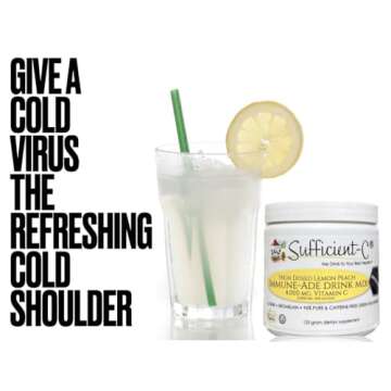Sufficient-C High Dose Non-GMO Vitamin C Lemon Peach Immune-Ade Drink Mix, Convenient 125 Gram Size w/L-lysine, Bromelain & a Premium 96% Pure Green Tea Extract - Stomach Friendly, Adrenal Supportive