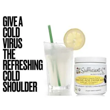 Sufficient-C High Dose Non-GMO Vitamin C Lemon Peach Immune-Ade Drink Mix, Convenient 125 Gram Size w/L-lysine, Bromelain & a Premium 96% Pure Green Tea Extract - Stomach Friendly, Adrenal Supportive