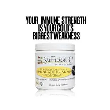 Sufficient-C High Dose Non-GMO Vitamin C Lemon Peach Immune-Ade Drink Mix, Convenient 125 Gram Size w/L-lysine, Bromelain & a Premium 96% Pure Green Tea Extract - Stomach Friendly, Adrenal Supportive