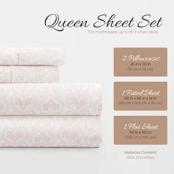 Linen Market Double-Brushed Patterned Microfiber Queen Sheet Set 4 Piece – Oeko-TEX Certified Ultr...