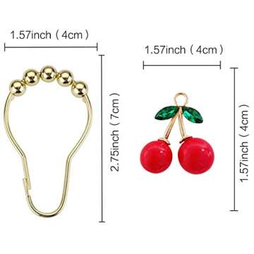 ZILucky Set of 12 Cherries Shower Curtain Hooks Rings, Red Cherry Pendant Decoration, Fruit Style for Kids Bathroom, Stainless Steel Hooks Rustproof (Red-Cherry)