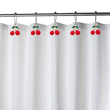 ZILucky Set of 12 Cherries Shower Curtain Hooks Rings, Red Cherry Pendant Decoration, Fruit Style for Kids Bathroom, Stainless Steel Hooks Rustproof (Red-Cherry)