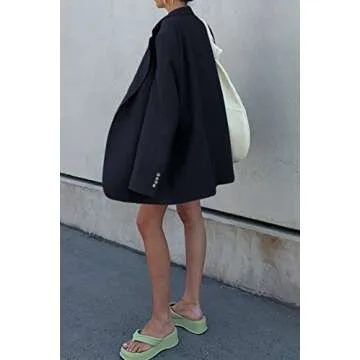 Grlasen Women Casual Elegant Long Sleeve Oversized Lapel Blazers Open Front Solid Work Office Jacket Blazer Navy Blue