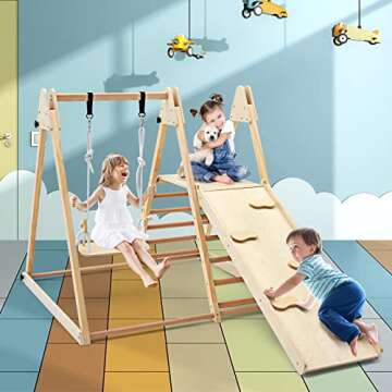 OLAKIDS Climbing Toys for Toddlers, 4 in 1 Foldable Kids Wood Montessori Triangle Set Climber with L...