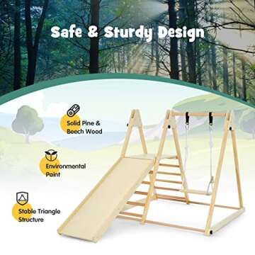 OLAKIDS Climbing Toys for Toddlers, 4 in 1 Foldable Kids Wood Montessori Triangle Set Climber with Ladder Ramp Slide and Swing for Playground, Indoor Climb Activity Jungle Gym Play Structure
