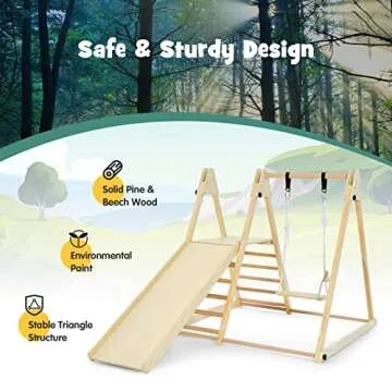 OLAKIDS Climbing Toys for Toddlers, 4 in 1 Foldable Kids Wood Montessori Triangle Set Climber with Ladder Ramp Slide and Swing for Playground, Indoor Climb Activity Jungle Gym Play Structure