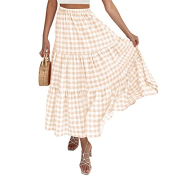 ZESICA Women's 2025 Summer Plaid Flower Elastic High Waist Flowy A Line Maxi Skirt with Pockets,Apricot,Small