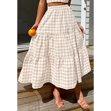 ZESICA Women's 2025 Summer Plaid Flower Elastic High Waist Flowy A Line Maxi Skirt with Pockets,Apricot,Small