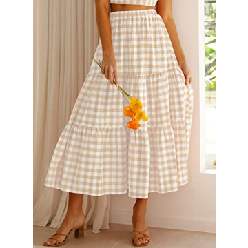 ZESICA Women's 2025 Summer Plaid Flower Elastic High Waist Flowy A Line Maxi Skirt with Pockets,Apricot,Small