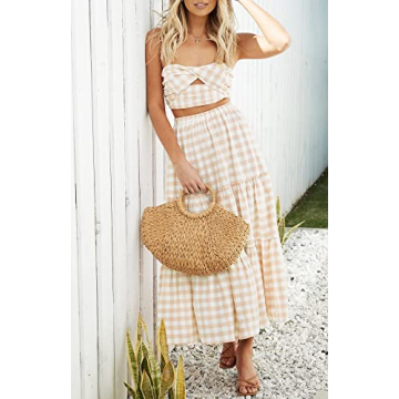 ZESICA Women's 2025 Summer Plaid Flower Elastic High Waist Flowy A Line Maxi Skirt with Pockets,Apricot,Small