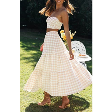 ZESICA Women's 2025 Summer Plaid Flower Elastic High Waist Flowy A Line Maxi Skirt with Pockets,Apricot,Small