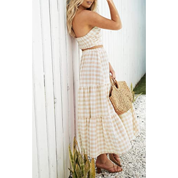 ZESICA Women's 2025 Summer Plaid Flower Elastic High Waist Flowy A Line Maxi Skirt with Pockets,Apricot,Small