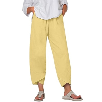 Guteidee Linen Pants Women Casual Solid Color Summer Pants with Pockets Comfy Loose Elastic Waist Co...