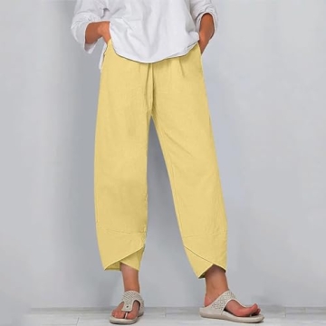 Guteidee Linen Pants Women Casual Solid Color Summer Pants with Pockets Comfy Loose Elastic Waist Cotton Linen Pants Comfy Loose Beach Pants Summer Printed Cropped Comfy Baggy Trousers