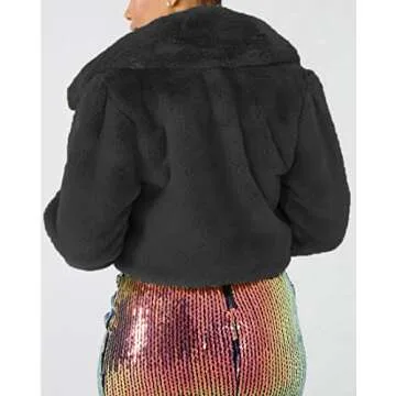 Nihsatin Women's Solid Cropped Long Sleeve Shaggy Jacket Lapel Faux Fur Coat Outwear Warm Winter